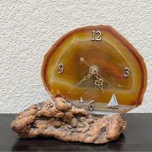 Vintage Agate Stone Decorative Agate Clock on Wood Base